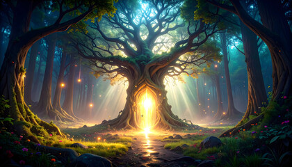 Majestic Tree Illuminated In A Dense Forest With Sunlight Creating An Enchanted Atmosphere And A Mystical Path