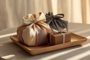 나무 쟁반 위 보자기 포장 선물