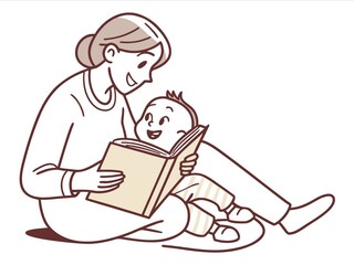 Mother reading a book to her happy baby