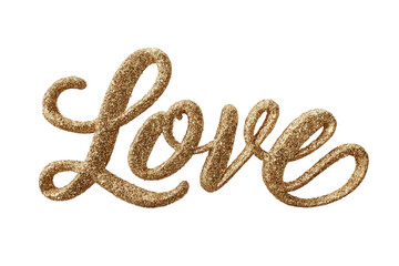 Glittering golden text displays the word love in an elegant cursive font, perfect for weddings, anniversaries, or romantic celebrations, enhancing any decor