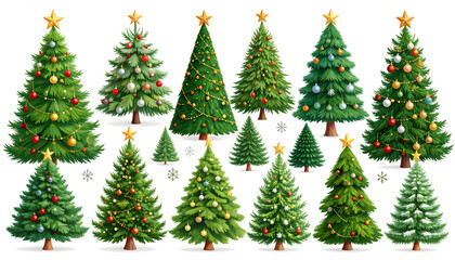 Collection Of Decorated Christmas Trees With Golden Stars Ornaments And Festive Decorations Against White Background