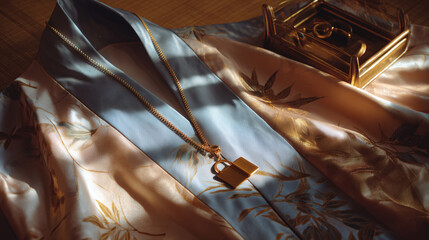 A high-angle, overhead shot of a traditional kimono-style silk fabric laid flat, with modern, minimalist jewelry (e.g., a simple ring and bracelet) placed on top. 