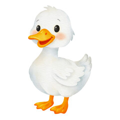Cute watercolor cartoon duck with white feathers, orange beak, and happy smile. Transparent PNG, perfect for farm clipart, nursery art, kids’ books, and educational animal illustrations.