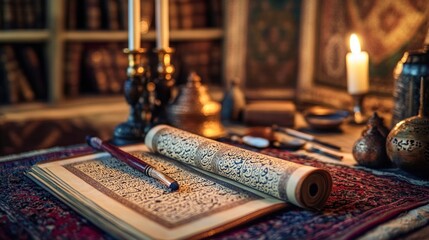 Antique book, scroll, and writing implements on a table