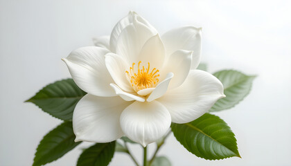 Obraz premium Pure white gardenia blossom showcasing intricate petal details against seamless white