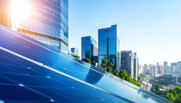 City of the Future: A modern cityscape gleams under a brilliant sun, featuring a blend of skyscrapers and solar panels, symbolizing a commitment to environmental sustainability.