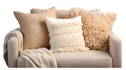 Cozy Neutral Sofa with Pillows and Throw, isolated on transparent background