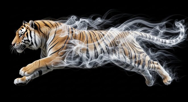 A surreal digital artwork of a tiger running, with its body transforming into swirling smoke and mist.