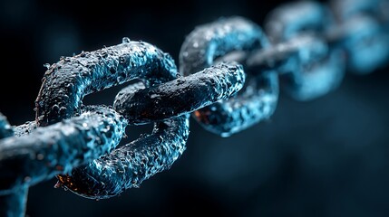 A close-up of a chain, with water droplets on it, against a dark background.