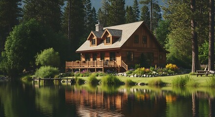 Obraz premium Lakeside Cabin Retreat in a Lush Forest Setting