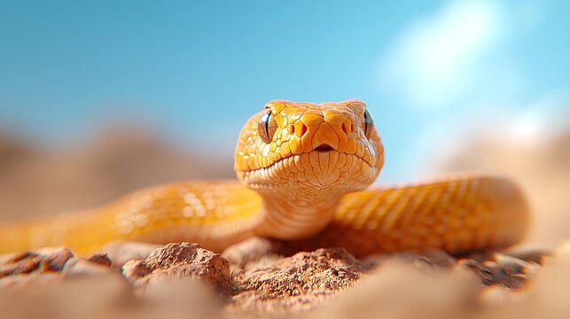 Close up of a desert viper s head with bright blue sky