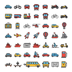 Obraz premium Colorful transportation icons representing travel, commuting, and city life for versatile design needs