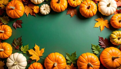 Frame with pumpkins and autumn leaves on a green background. Design banner template for autumn cards, halloween, harvest thanksgiving day or Halloween concept with place for text 