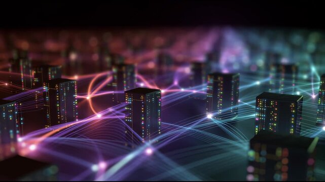 A vibrant, abstract representation of interconnected buildings illuminated by colorful lights, symbolizing data flow and technology.