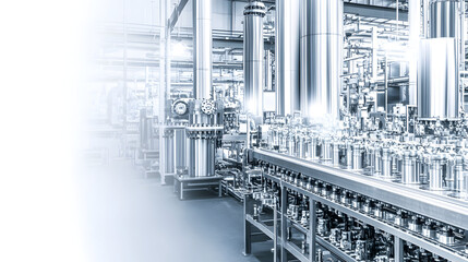 Cleanroom view pharmaceutical production line stainless steel equipment.