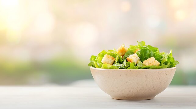 Fresh caesar salad in a bowl with blurred outdoor background