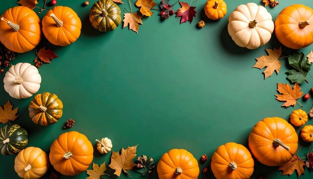Frame with pumpkins and autumn leaves on a green background. Design banner template for autumn cards, halloween, harvest thanksgiving day or Halloween concept with place for text 