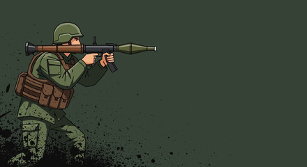 Cartoon Styled Soldier Aiming with an Anti Tank Grenade Launcher on Grunge Background