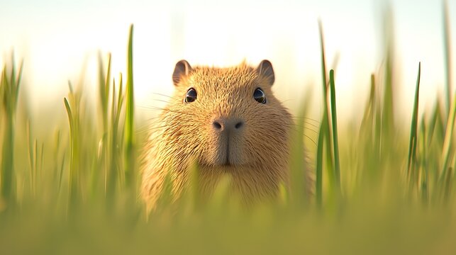 Adorable capybara peeking through tall green grass