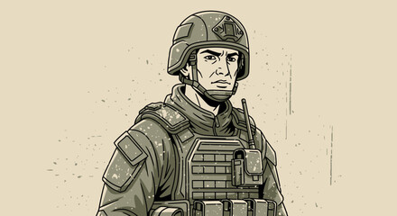 Detailed line art illustration of a soldier with full combat gear