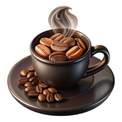 A steaming cup overflowing with roasted coffee beans rests on a saucer with scattered beans isolated on transparent background