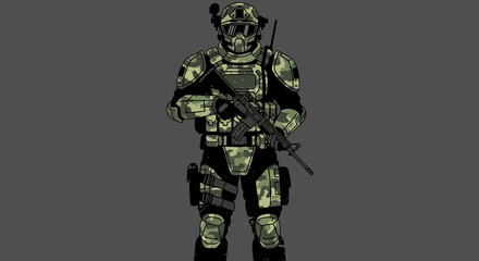 Fully Equipped Camouflaged Soldier Standing Guard on Isolated Background