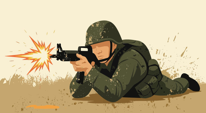 Focused soldier firing rifle during military training exercise outdoors