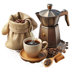 A steaming cup of freshly brewed coffee sits beside a vintage moka pot and burlap sack of beans isolated on transparent background