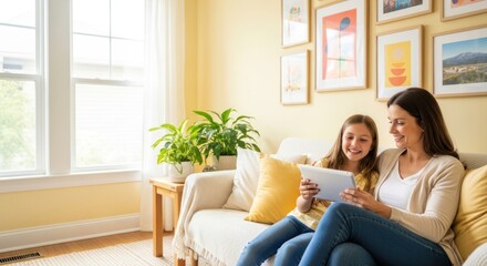 Cozy family moment mother and daughter together on sofa using a tablet device