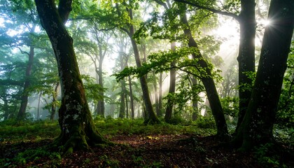 Fototapeta premium Sunlight streams through a misty forest