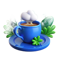 A vibrant blue coffee cup and saucer with steaming hot coffee and green foliage isolated on transparent background
