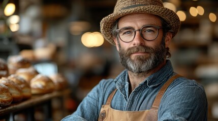 Man in bakery, confident, focused