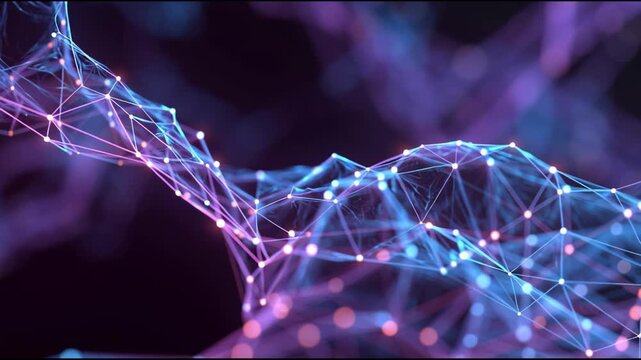 A vibrant abstract representation of interconnected nodes and networks, showcasing glowing lines in shades of blue and purple.