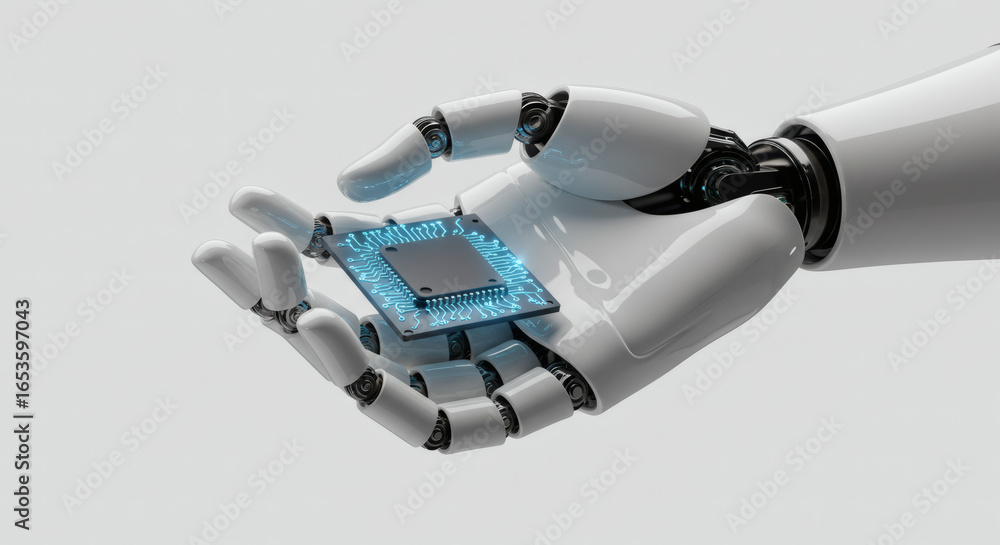Poster futuristic robotic hand holding a glowing central processing unit, a symbol of artificial intelligen