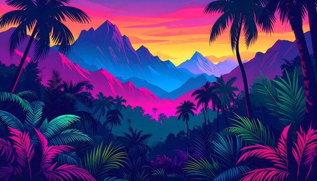 Pixelated Tropical Landscape Featuring Mountain Range Palm Trees and Sunset Sky with Vibrant Colors