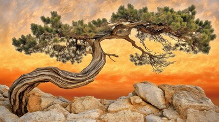 Resilient juniper tree clinging to rocky outcrop against a fiery sunset backdrop