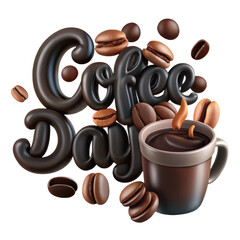 A steaming cup of coffee and delicious macarons celebrate coffee day with rich lettering and scattered beans isolated on transparent background