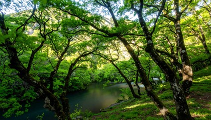 Obraz premium Lush forest overlooking a serene lake