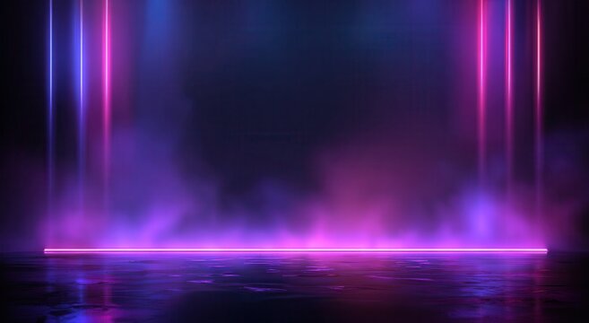 Glowing neon frame with purple and blue lights and smoke