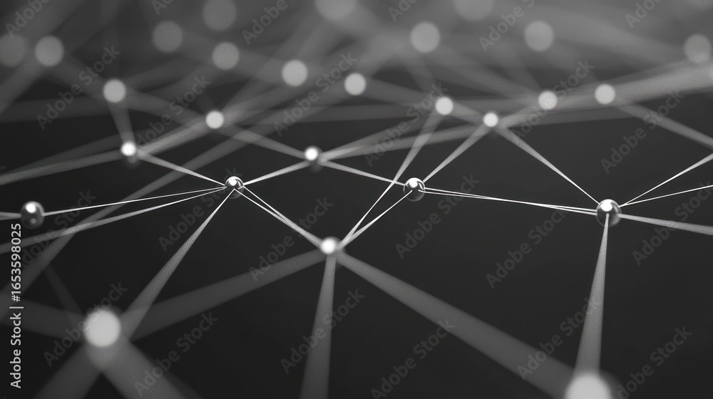 Poster abstract network structure of metallic nodes and connecting lines in dark background