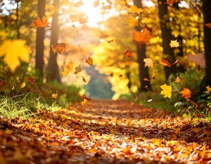 Autumn leaves falling on a forest path