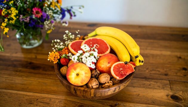 Colorful fruit bowl on a wooden table, flowers in background - Powered by Adobe