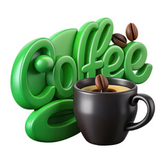 Bright green 3d coffee word art with a steaming coffee cup and coffee beans isolated on transparent background