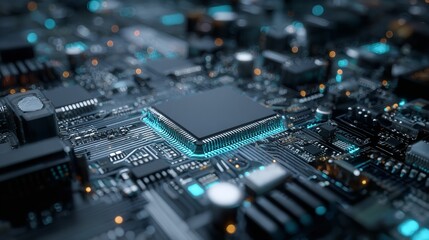 Advanced Microchip Technology Background: Close-up of Futuristic Electronic Circuitry with Glowing Blue Light Effects.