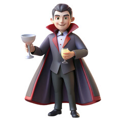 Cartoon vampire character holding goblets of blood isolated on transparent background for halloween design