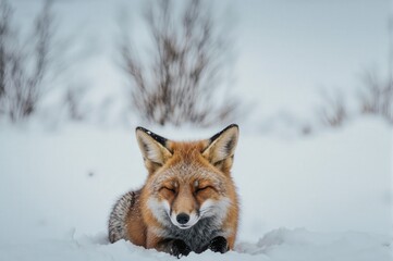 Obraz premium A serene fox resting in a snowy landscape with closed eyes
