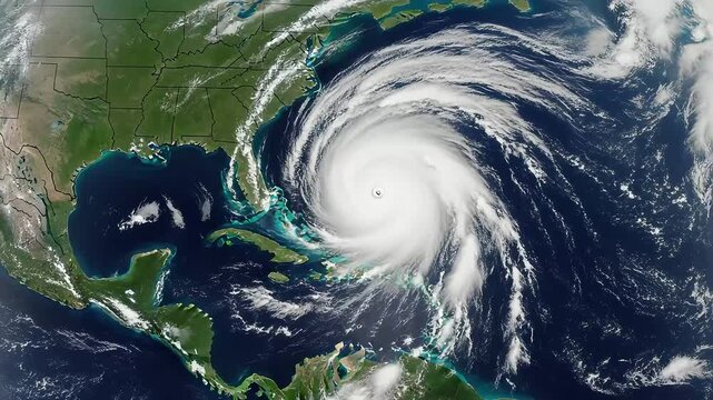 A powerful category 5 hurricane swirls over the atlantic ocean, viewed from space, showcasing its immense size and destructive potential