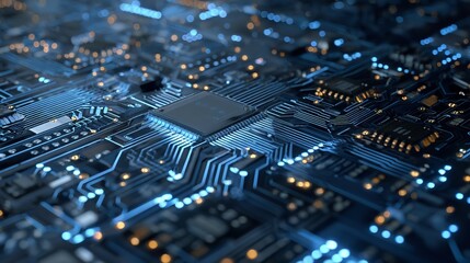 Intricate circuit board with glowing blue pathways and central chip for modern technology aesthetic.