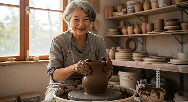 Happy senior woman artisan smiling while working on pottery wheel in her studio