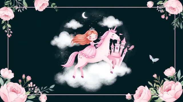Enchanting watercolor pattern featuring a princess riding a unicorn with flowers
